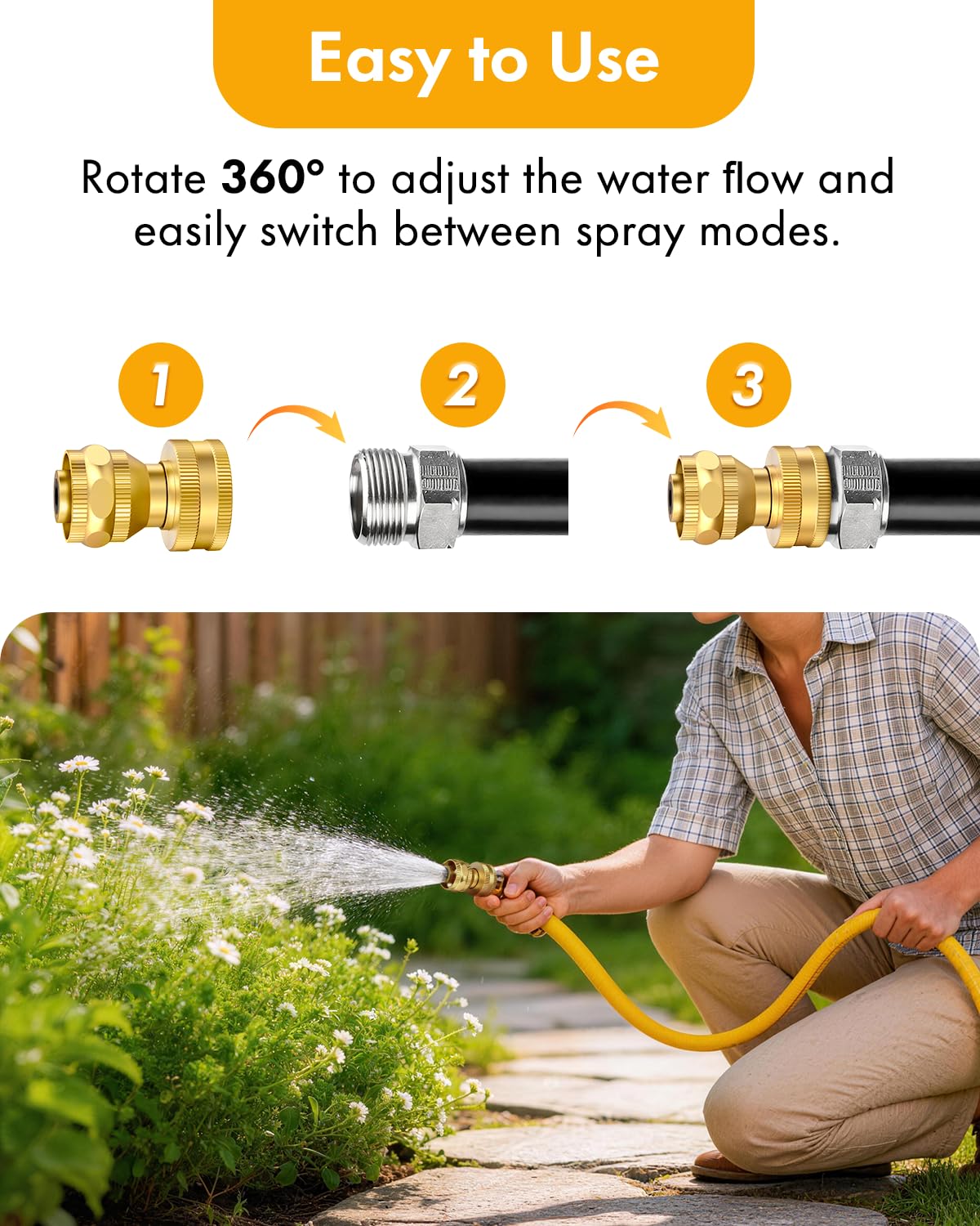 Twinkle Star Brass Hose Nozzle 3 Pack, 3/4 Inch Upgraded Heavy Duty Brass Power Nozzles, Adjustable Twist Pressure Sprayer for Garden, Patio