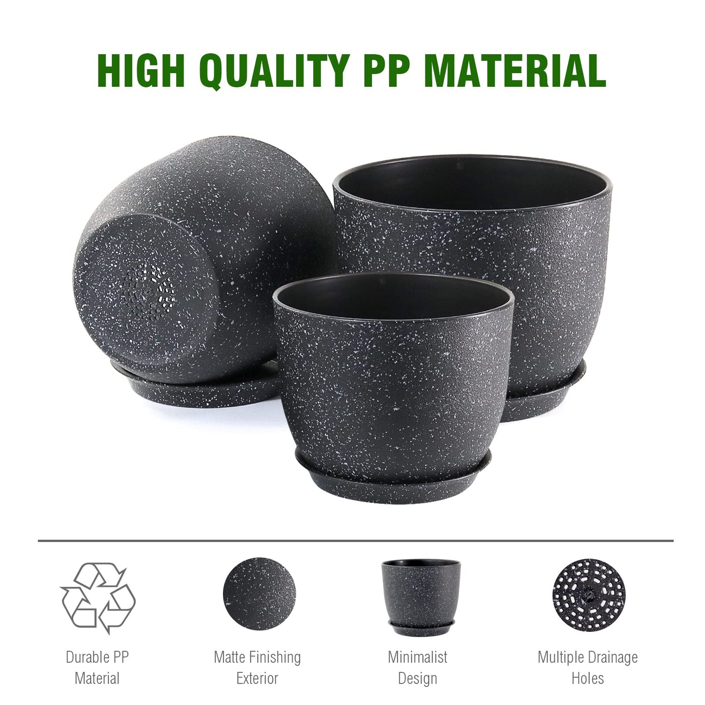 WSMKSZ Plant Pots 10/9/8 inch, Set of 3 Modern Decorative Plastic Planters with Drainage Holes and Saucers for Garden House Plants, Flower Pots for Indoor Outdoor Plants, Speckled Black