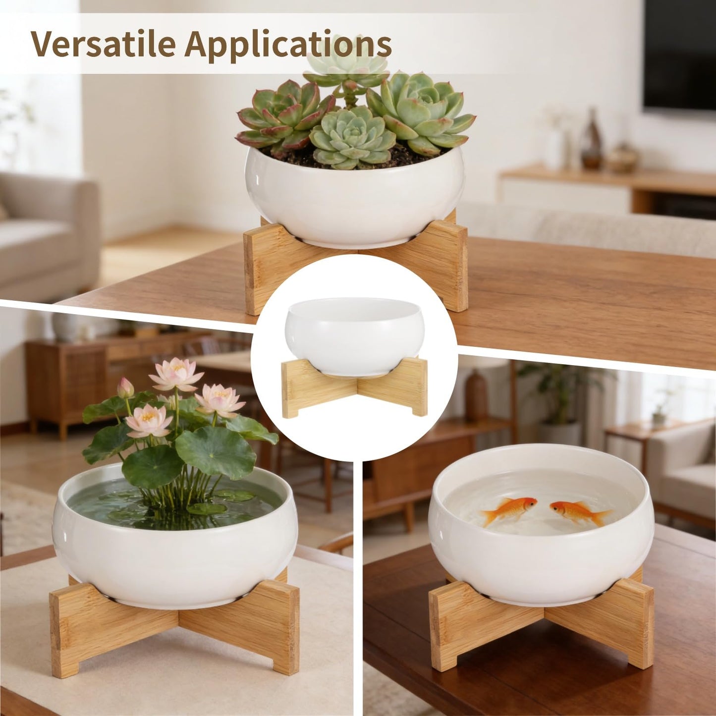 OMISTAR 2PCS Lotus Bowl Planters with Bases, White Ceramic Lotus Bowl, No-Hole Water Lily Pots for Planting Aquatic and Indoor Plants, Indoor Hydroponic Planters for Decor