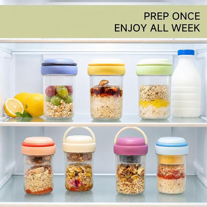 Overnight Oats Containers with Handles & Lids – 16oz Glass Mason Jars with Spoons & Fruit Compartments, Chia Pudding Jars with Lids, 2 Sets (Cream, Blue)