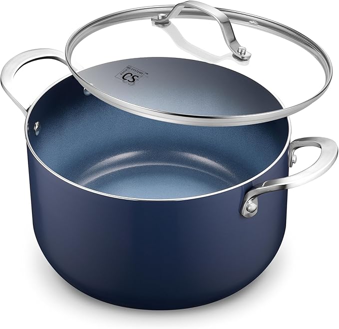 KOCH SYSTEME CS 6 Quart Nonstick Stock Pot with Lid, 6 QT Nonstick Ceramic Stockpot with Stay-Cool Handles, Induction Cooking Pot for Soups, Casserole, Soup Pot, Even Heating, Oven Safe, Gradient Blue