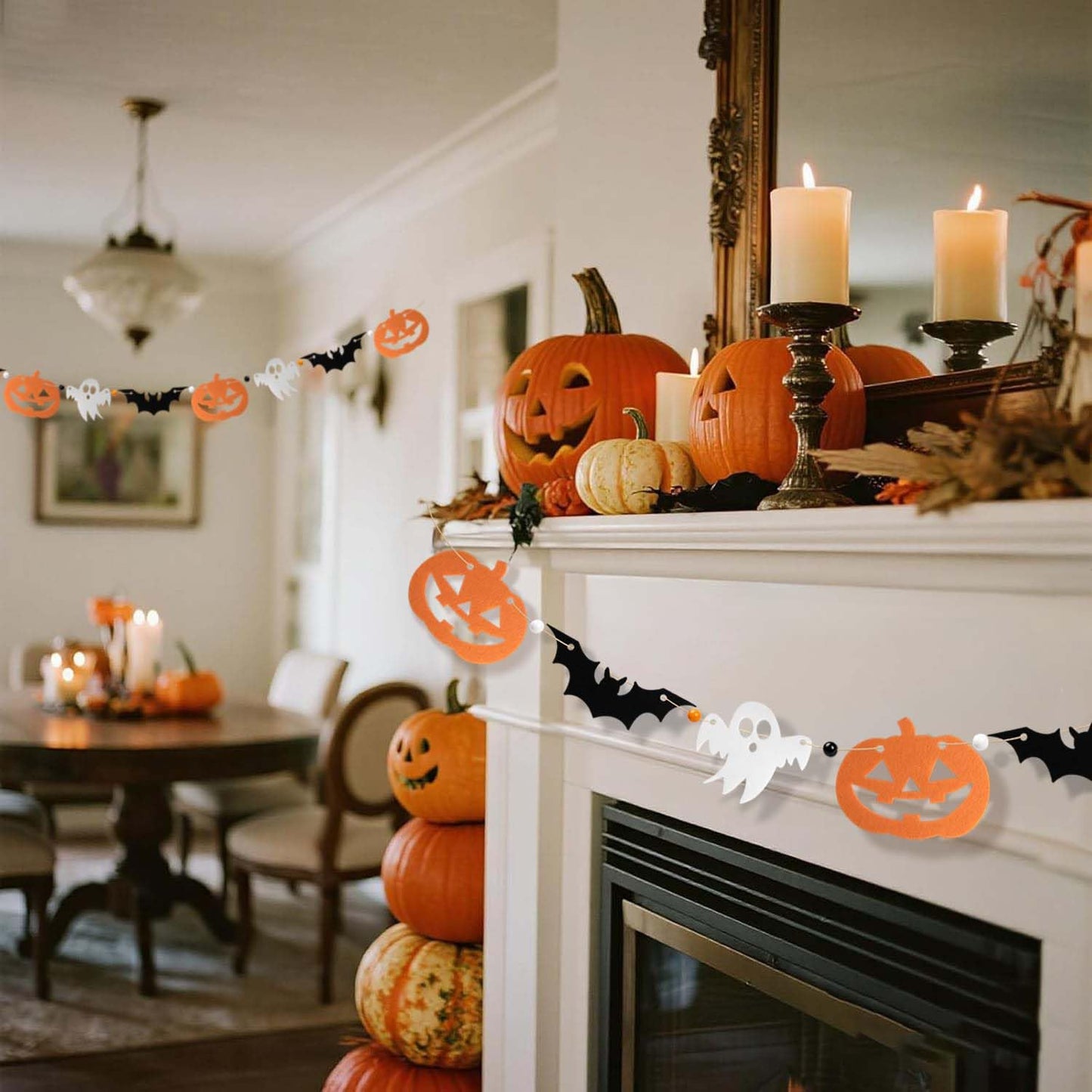FuSenYuan (Pre-Strung) Halloween Felt Garland Set of 3 Ghost Bat Pumpkin Garland with Wooden Beads Felt Halloween Hanging Garland Banner for Party Mantle Home Wall Decor