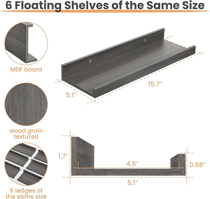upsimples Floating Shelves for Wall, Wall Shelves for Decor Storage Set of 6