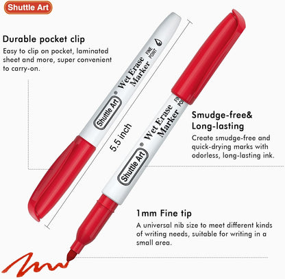 Shuttle Art Wet Erase Markers, 15 Colors 1mm Fine Tip Smudge-Free Markers, Use on Laminated Calendars,Overhead Projectors,Schedules,Whiteboards,Transparencies,Glass,Wipe with Water