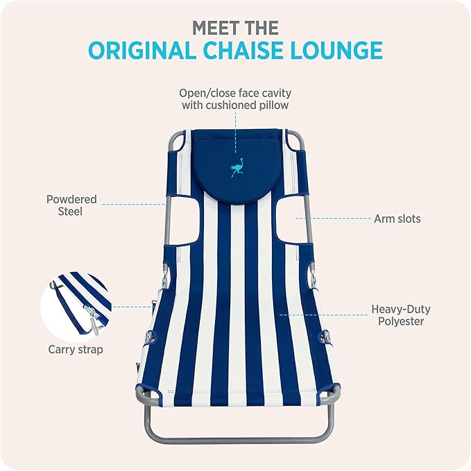 Ostrich Beach Lounge Chair, Folding & Reclining Outdoor Chaise Lounger