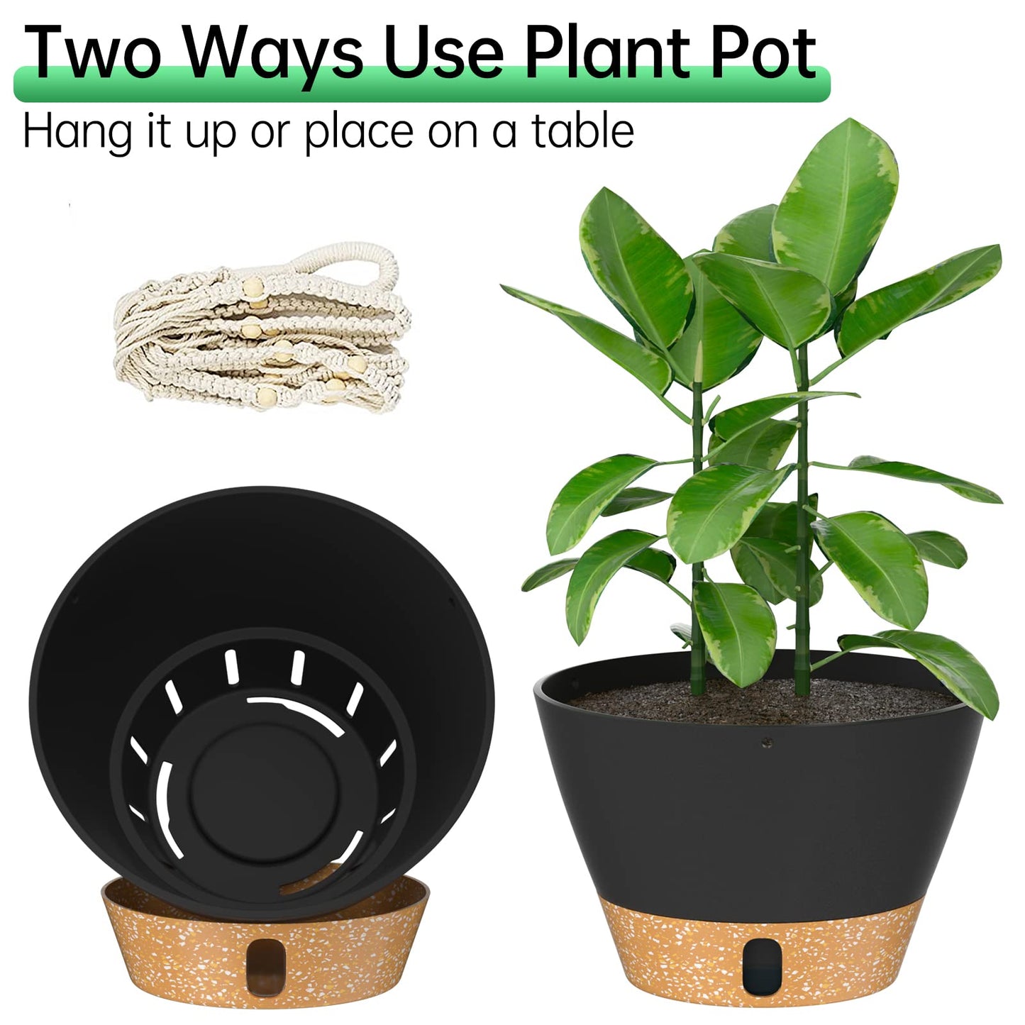 ZMTECH 2 Pack 10 Inch Hanging Planters with Macrame Plant Hanger for Indoor and Outdoor Plants, Self Watering, Drainage Hole, Visible Level Tray, Gray