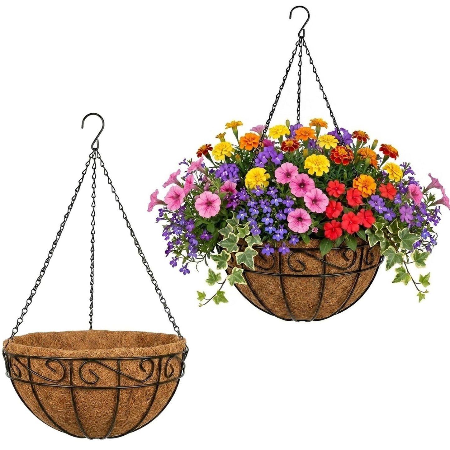 HZXXJCO 2 Pack Hanging Baskets for Plants Outdoor 14 Inch Metal Hanging Planters with Coco Coir Liner, Round Hanging Flower Pots for Home Garden Patio Balcony Porch