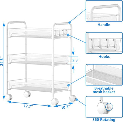 3-Tier Mesh Rolling Cart - 24.8" H Fits Under Desk Metal Cart with Wheel | Hold 35bls/Tier Small Space Storage Organizer Crafts Utility Cart for Office Pantry Bathroom Kitchen Laundry White