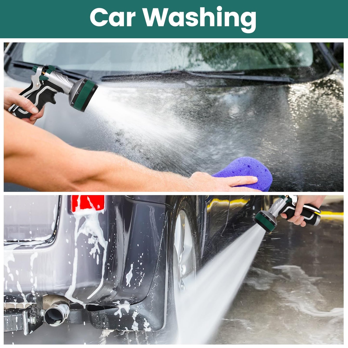 Seatern Garden Hose Nozzle, Heavy Duty Metal Water Hose Sprayer Nozzle with 8 Spray Patterns, High Pressure Handheld Nozzle with Flow Control for Lawn & Plant Watering, Car Washing – Forest Green