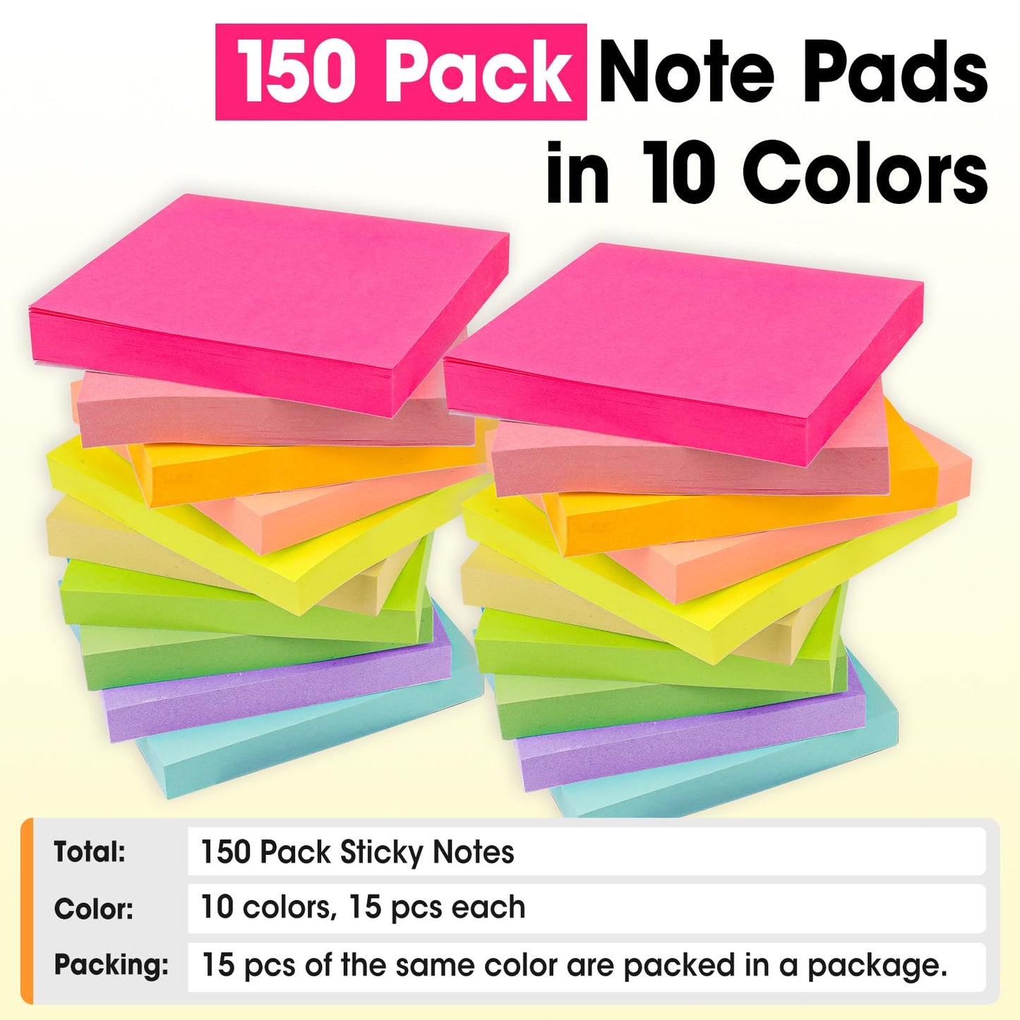 150 Pads Sticky Notes 3x3, Self-Stick Pads Bulk Bright Colors, School Supplies, Office Products, 50 Sheet/Pad