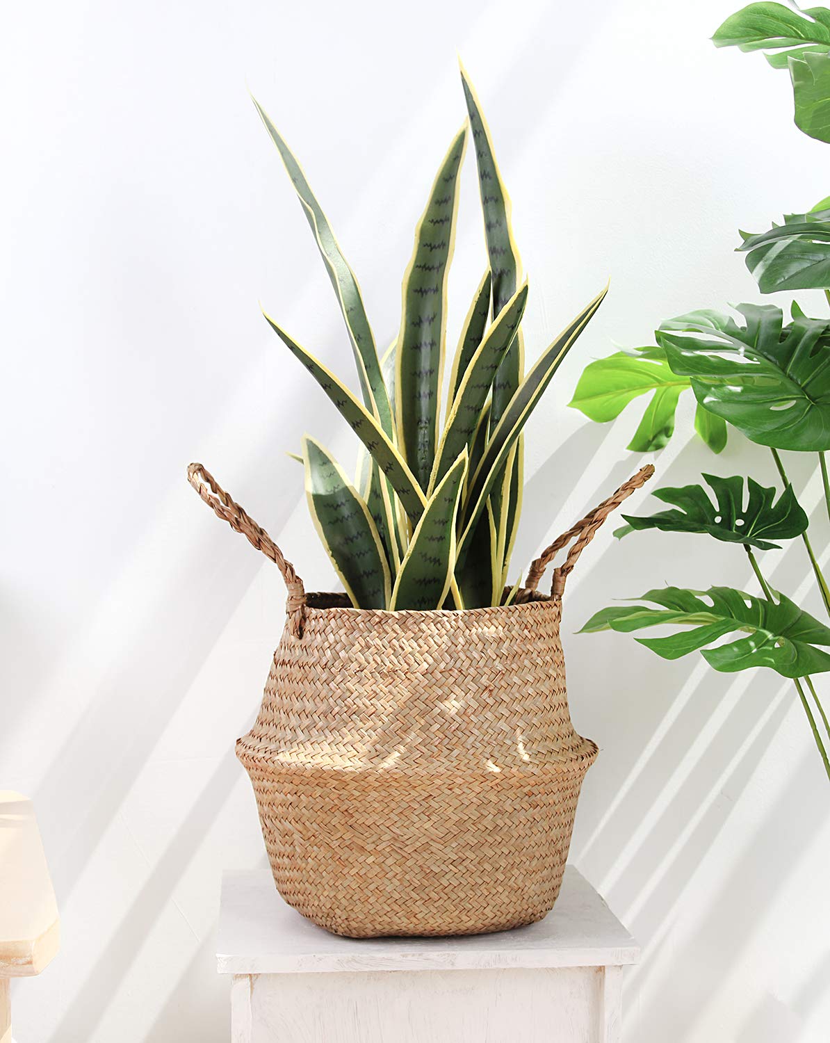 BlueMake Woven Seagrass Belly Basket for Storage Plant Pot and Laundry, Picnic and Grocery Basket (Medium, Original)