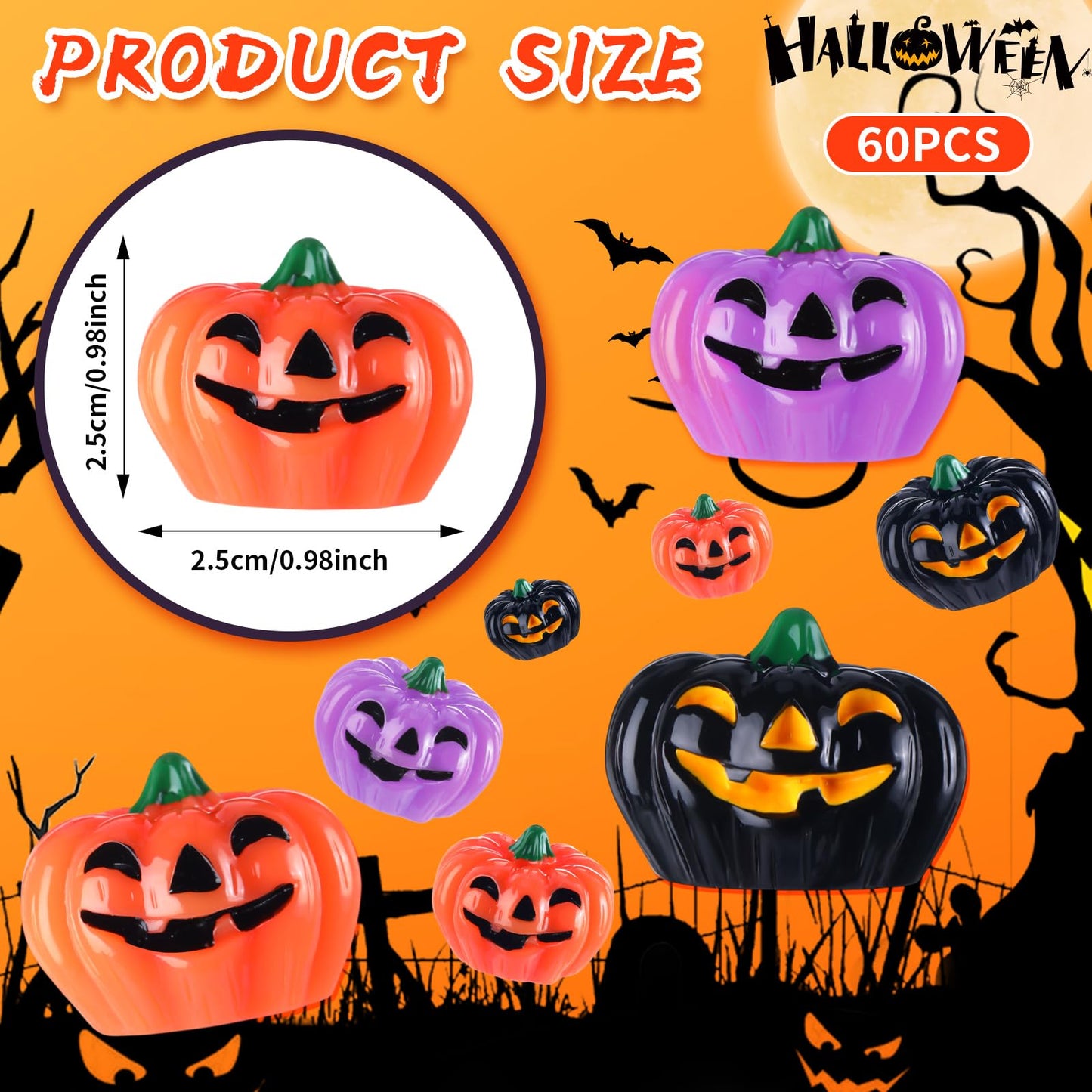 Yalikop 60 Pcs Mini Resin Pumpkin Halloween Miniature Grimace Pumpkin Tiny Vegetable Decor for Halloween Thanksgiving Fall Harvest Festival Party DIY Craft Home Table Decor(Orange, Purple and Black)