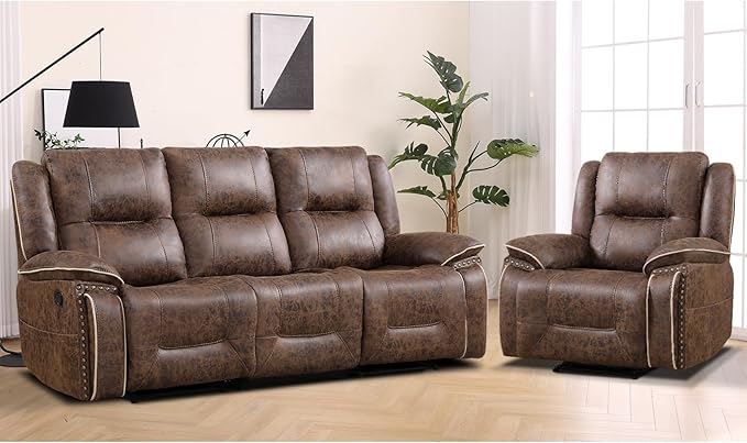 EBELLO Faux Leather Manual Recliner Sofa Set, 1 Seat Reclining Chair and a 3
