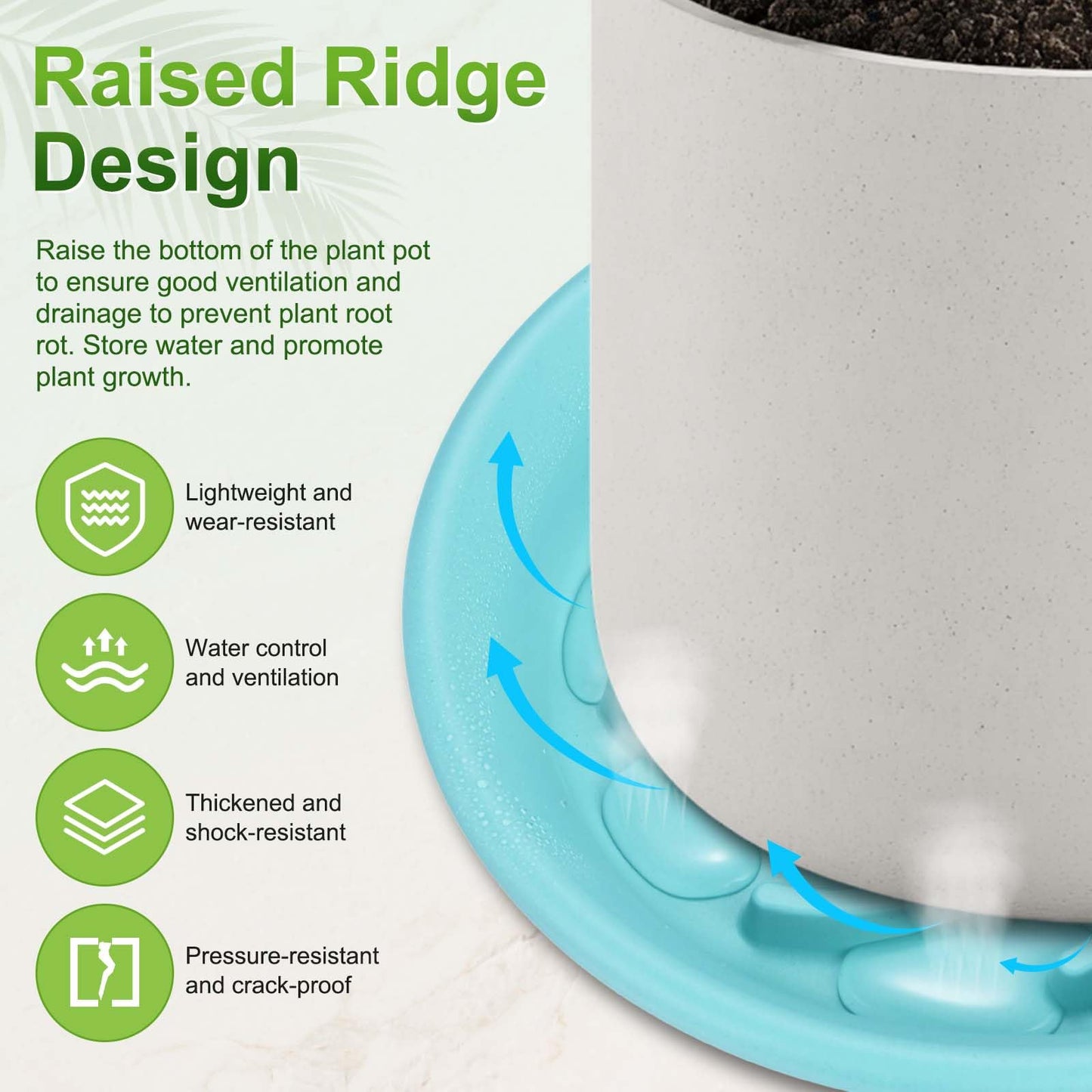 M METERXITY 2-Pack Plant Saucers, 7.3 Inch ID Anti-Rot Root Resin Flower Pot Plant Saucers for Indoor/Outdoor, Flowerpot Drip Tray [9.4 Inch OD, Light Blue]