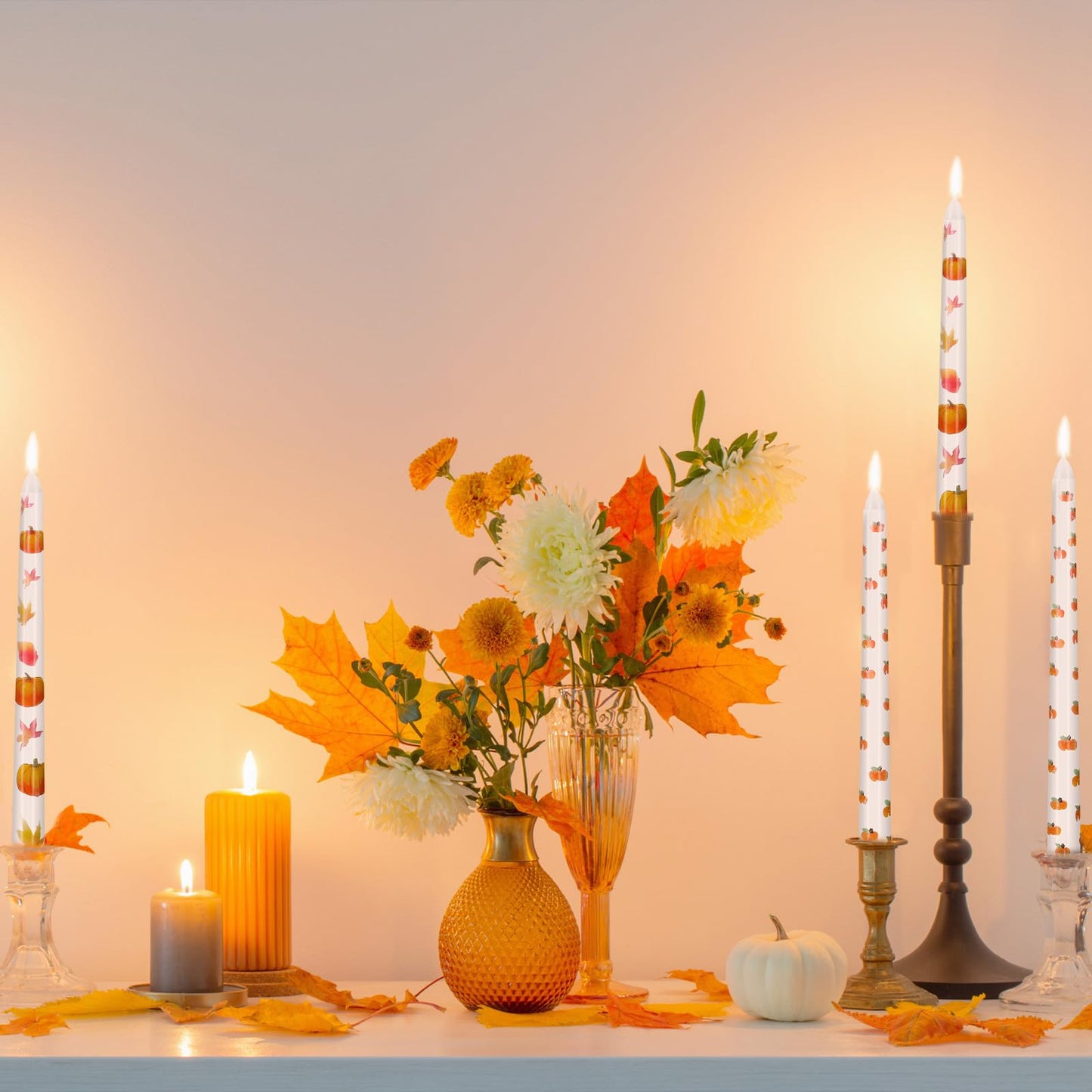 8 Pcs Fall Taper Candles 10'' Hand Painted Pumpkin Thanksgiving Taper Candles Autumn Maple Leaves Fall Halloween Decor Harvest Thanksgiving Decorations