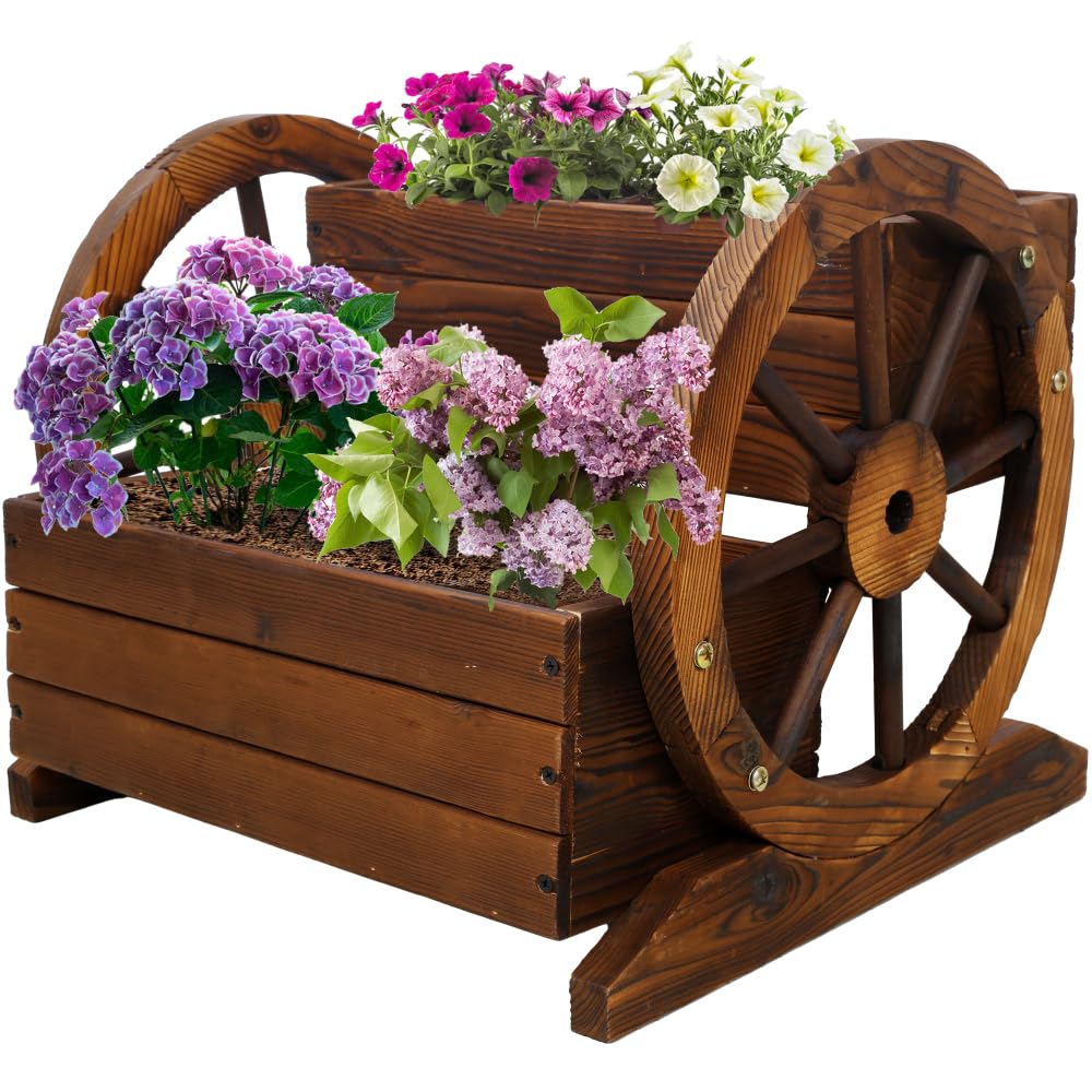 EASTALOLO Wooden Wagon Planter Box, Premium 2-Tier Garden Planter with Wheels, Decorative Planter for Flowers, Herbs & Vegetables, Ideal for Indoor & Outdoor Patio, Garden, Balcony Décor