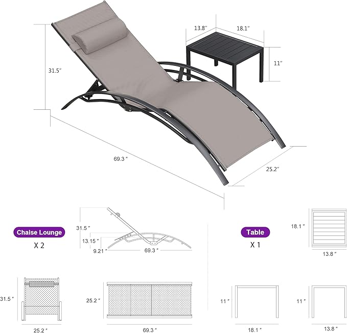 PURPLE LEAF Patio Chaise Lounge Set of 3 Outdoor Lounge Chair Beach Pool