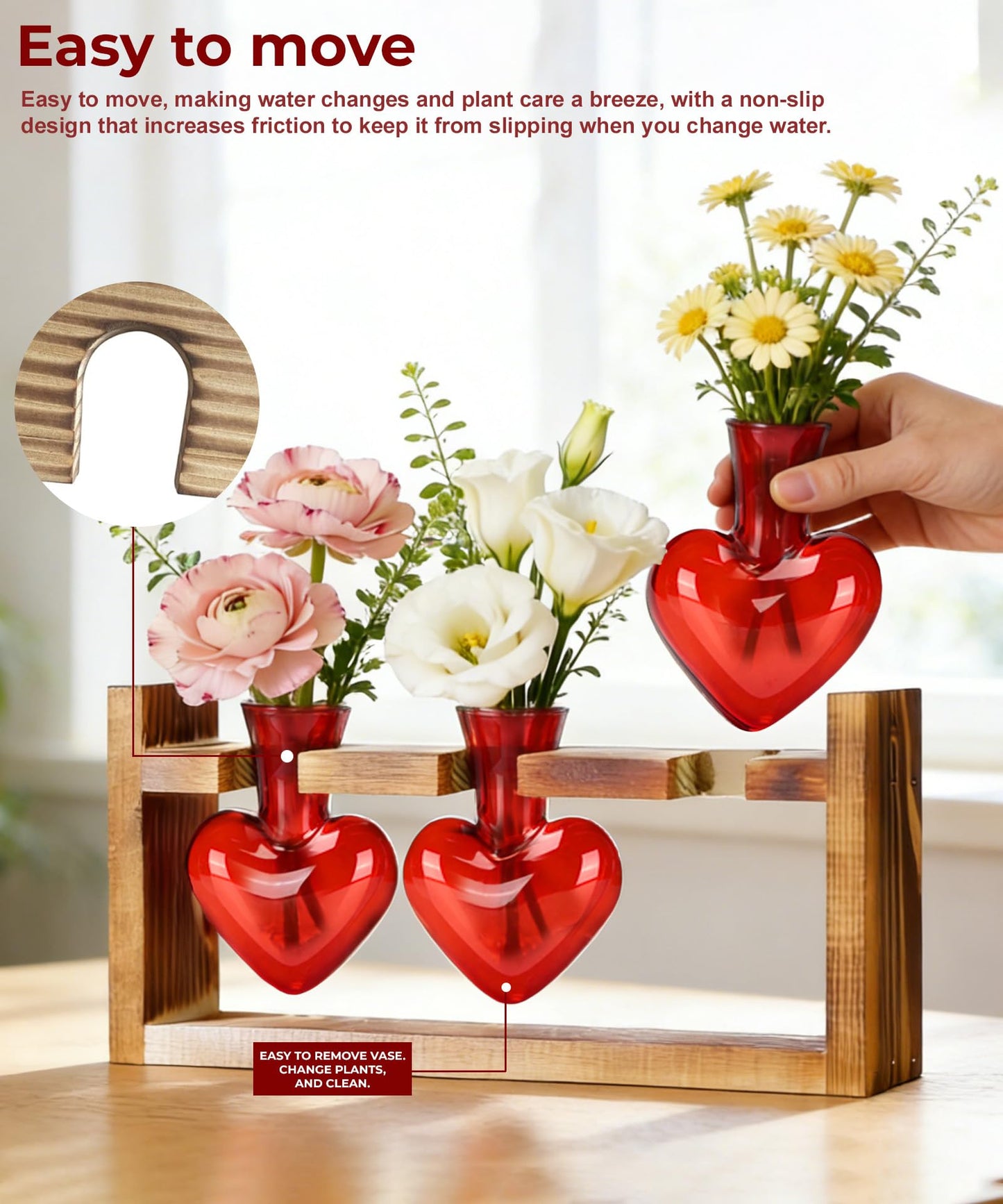 Nacome Plant Terrarium Propagation Stations: Mothers Day Gifts for Mom Plant Lovers Women Wife Daughter - 3 Bulb Glass Vase with Wooden Stand Tabletop for Hydroponics Garden Home Wall Decor(Red)