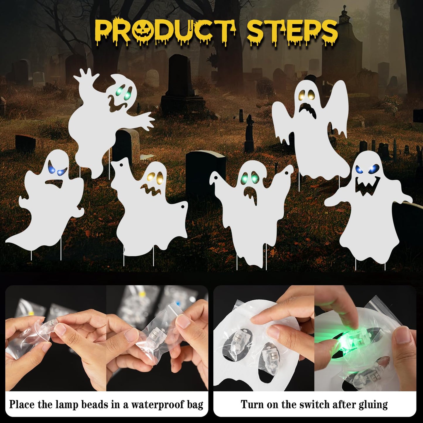 OuMuaMua Outdoor Halloween Decorations Signs - 6pcs Ghost Decor Halloween Yard Signs with Stakes LED Light Up Eyes for Garden Yard Scary Decorations Outside