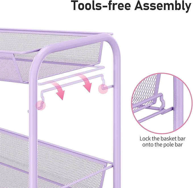 TOOLF 3-Tier Metal Rolling Cart, Mesh Wire Easy Assemble Utility Cart, Storage