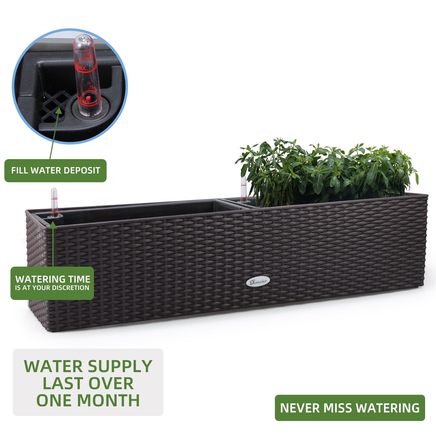 Dexceder 31.5 Inch Rattan Self Watering Planter Indoor Outdoor, Thickened Large Rail Flower Plant Pot Window Box with Water Level Indicators & Bracket (Brown)