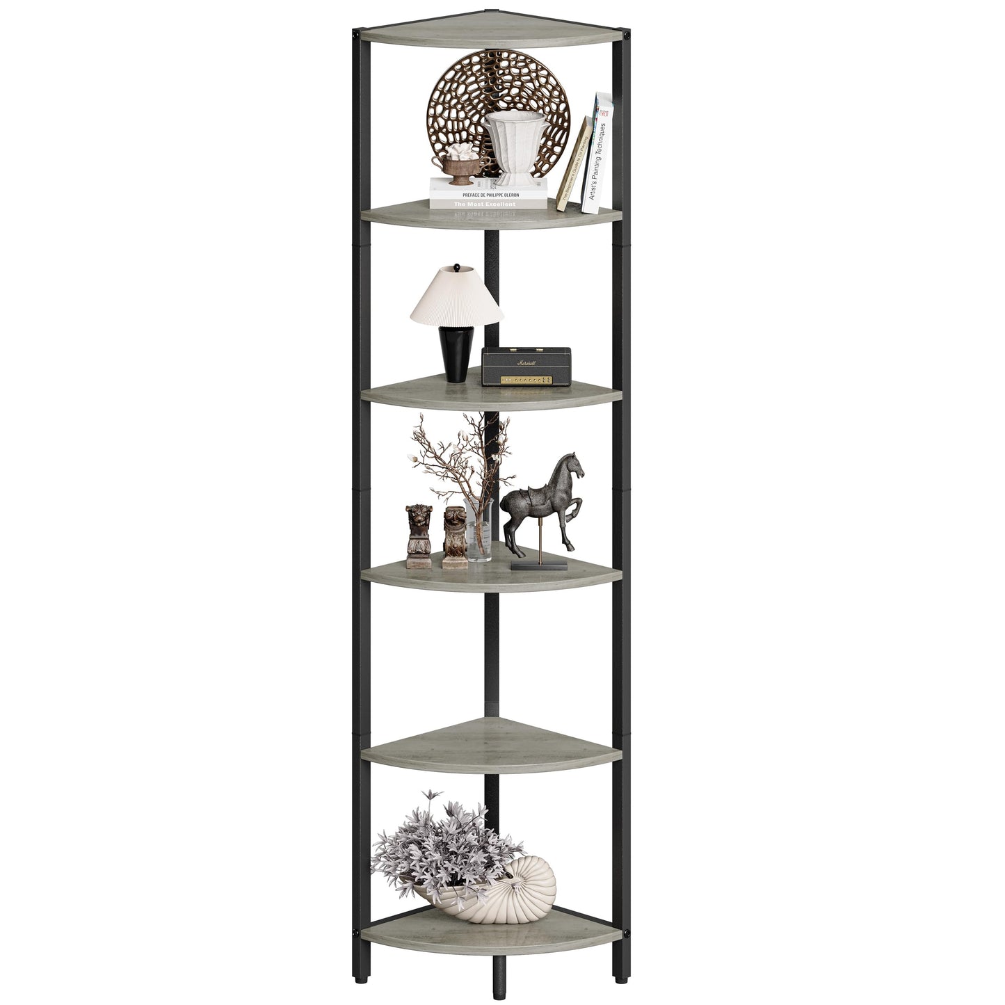 IRCPEN 6 Tier Corner Shelf 63.1" Tall Corner Shelves Stand Ladder Shelf Metal Standing Bookshelf Organizer Display Rack Bookcase Plant Stand Industrial Rustic for Living Room Bedroom Oak CS-001GR