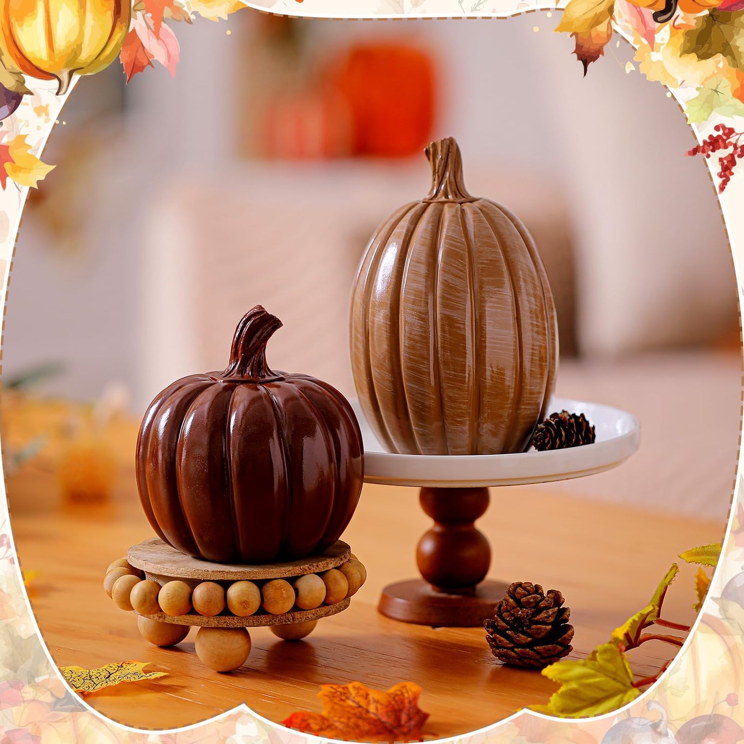 Vicenpal 2Pcs Fall Pumpkin Decor Set Artificial Resin Pumpkin Fall Artificial Fake Pumpkins Decor for Autumn Halloween Thanksgiving Tabletop Farmhouse Mantel Decoration (Shiny Brown,Fashionable Style)