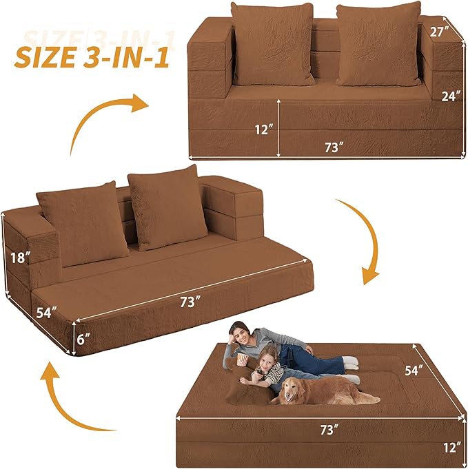 Folding Bean Bag Chair for Adults, 3-in-1 Bean Bag Couch Faux Fur Floor Sofa
