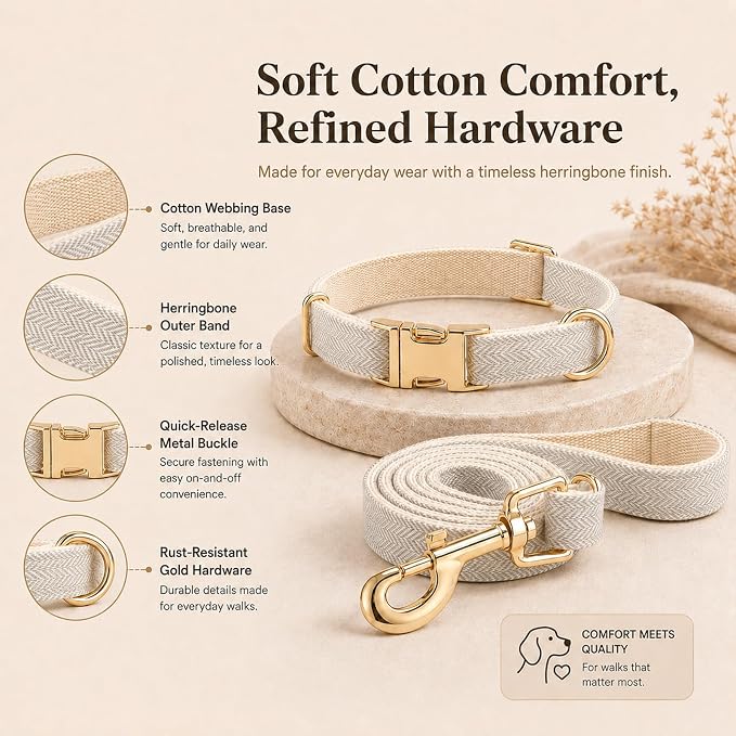 Herringbone Tweed Dog Collar and Leash Set for Small Dogs, Gray | Snag-free, no-rub design. Soft breathable cotton, gentle on fur. Adjustable durable matching combo for walks & outdoors.