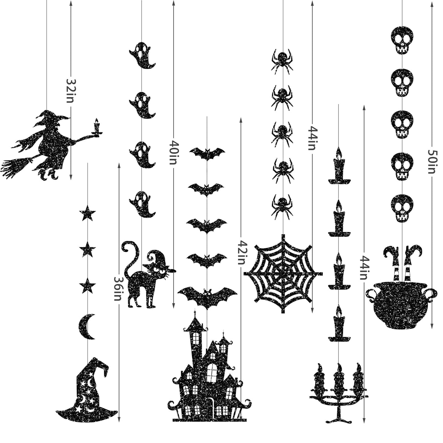 Glitter Black Halloween Hanging Banner Garland Decorations - Ghosts, Witches, Bats, Spiders, Haunted House, Cat and More - Indoor/Outdoor Party Supplies for Gothic Birthday, Home, Office, Classroom