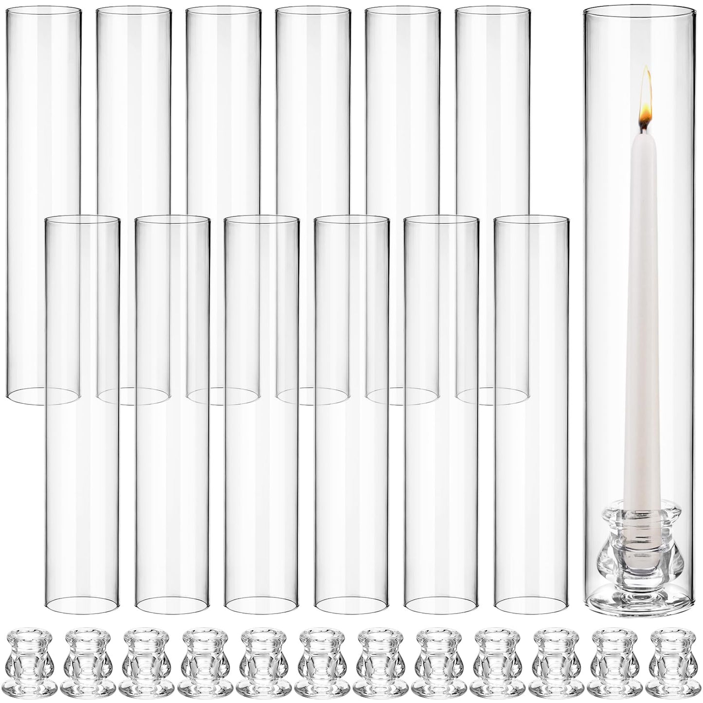 12 Set Glass Hurricane Candle Holders 11.8" Open Ended Glass Candleholder Tube Shape Bottomless and 2.1" Taper Clear Candlestick Holder Bulk for Table Centerpiece Wedding Party Home Decor (12, Clear)