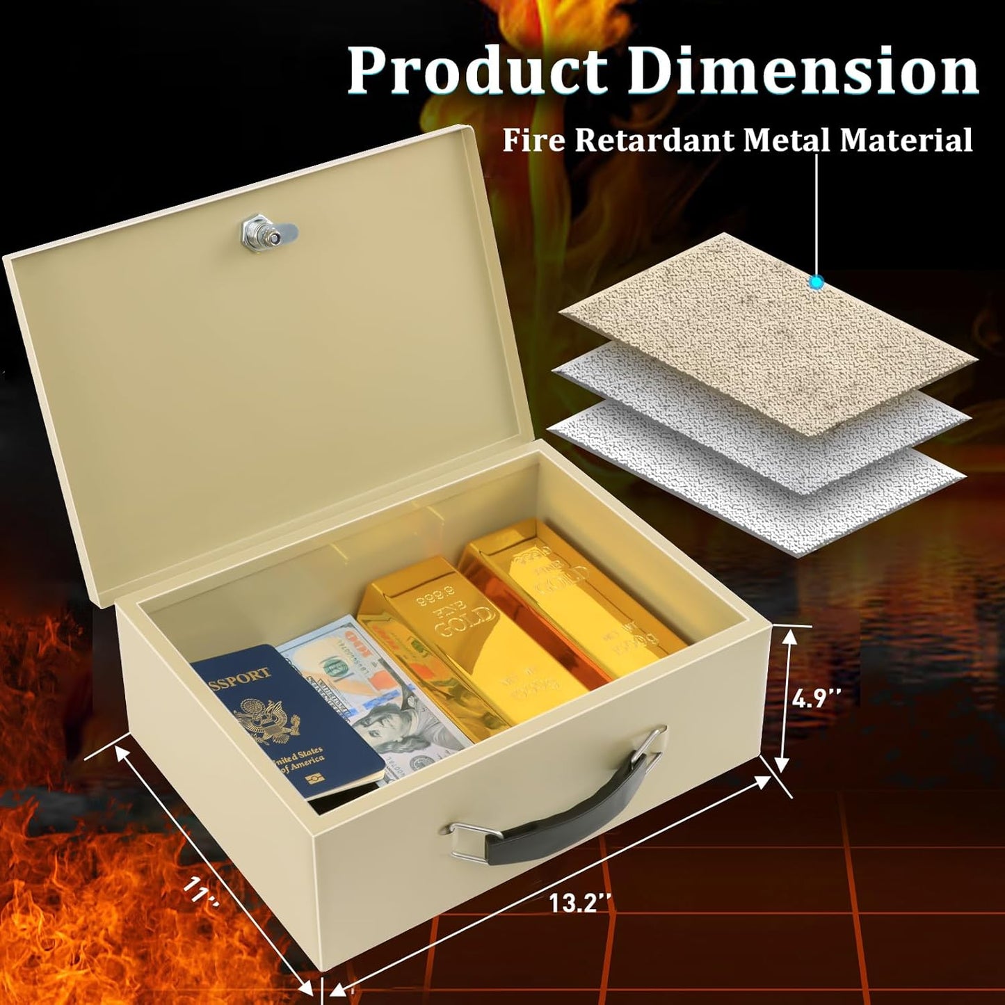 Dalmbox Portable Fire Safe Box with Key Lock, 13.2”x 11”x 5.1'', Fire Resistant Metal Storage Box, Lock Box for Documents, Safety Deposit Box for Home, Outside, Car, X Large, Sand