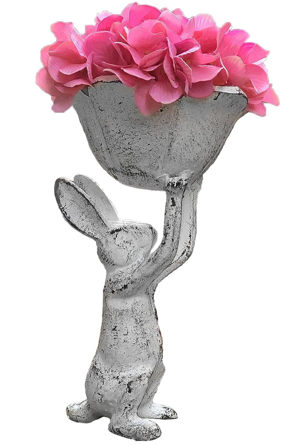 Antique White Cast Iron Rabbit with Flower Bird Feeder - 6 Inch Plant Pot or Feeder - (Cute Planter for Garden Decor for Outside)