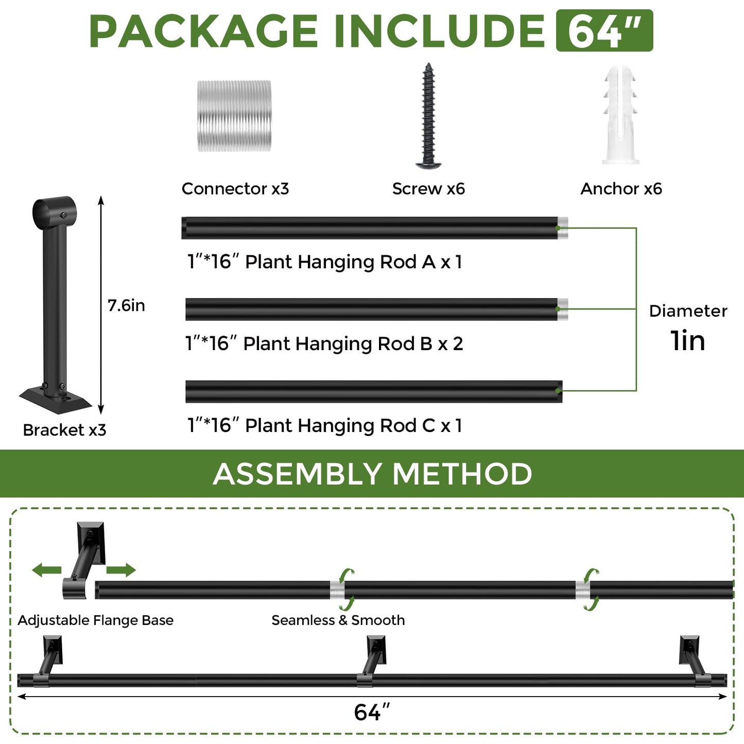 Mogaath Hanging Planters for Indoor Plants, 64 Inch Heavy Duty Plant Hanger Indoor, 1 Inch Diameter Metal Rod, Hanging Plant Holder for Window Wall, Matte Black, Square Flange Base, Pot Not Included