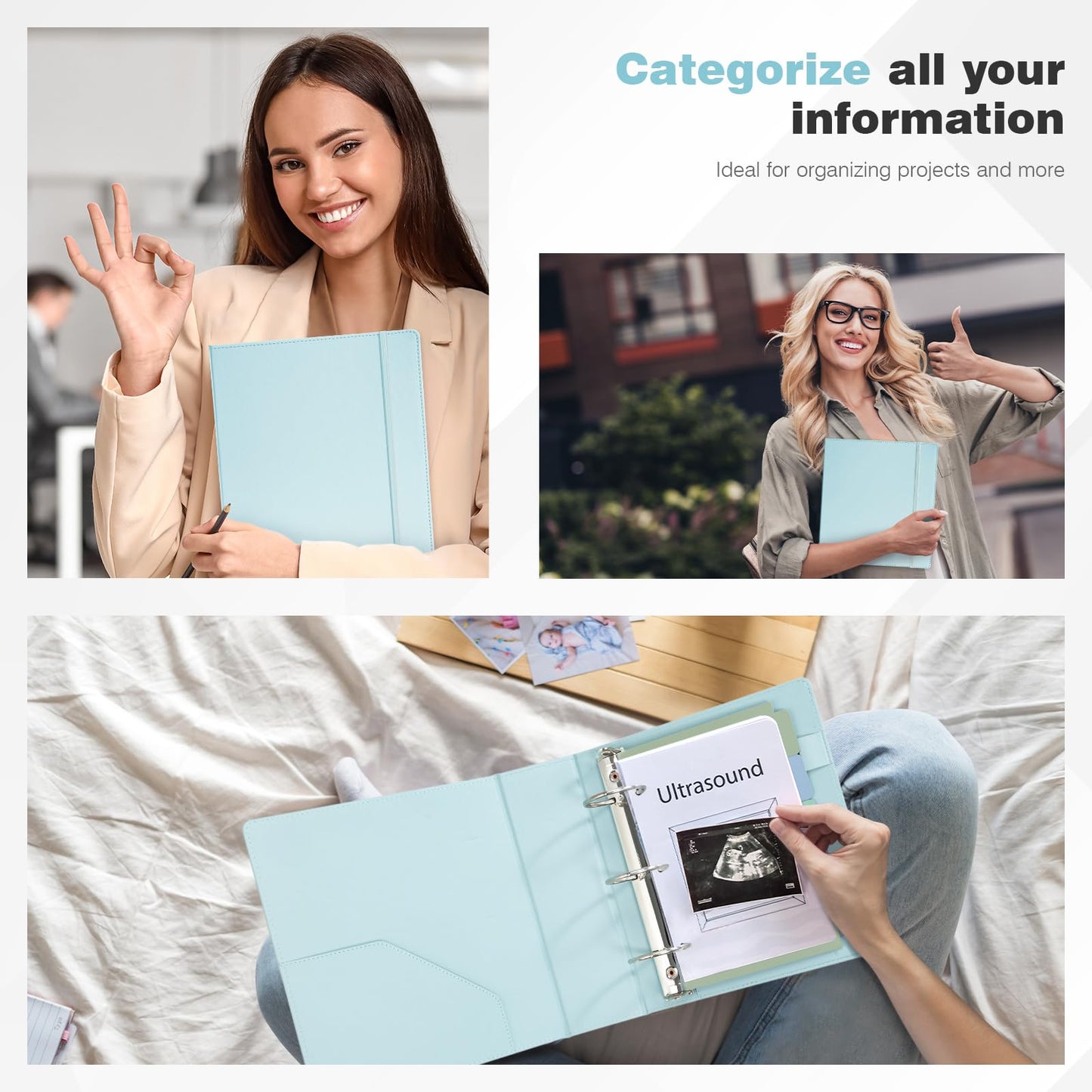 Ospelelf Leather Mini Binder Vintage Hardcover 2 Inch Rings, Professional Small 3 Ring Binders Organizer Suitable for 5.5" x 8.5" Documents, Binder Dividers with Tabs, Blue