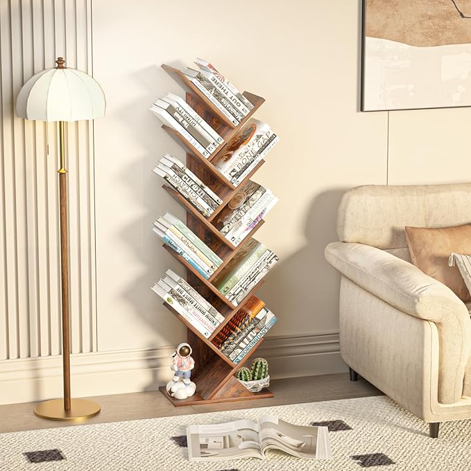 SHEEPAM 10 Tier Tree Book Shelf, Floor Standing Wood Bookshelf