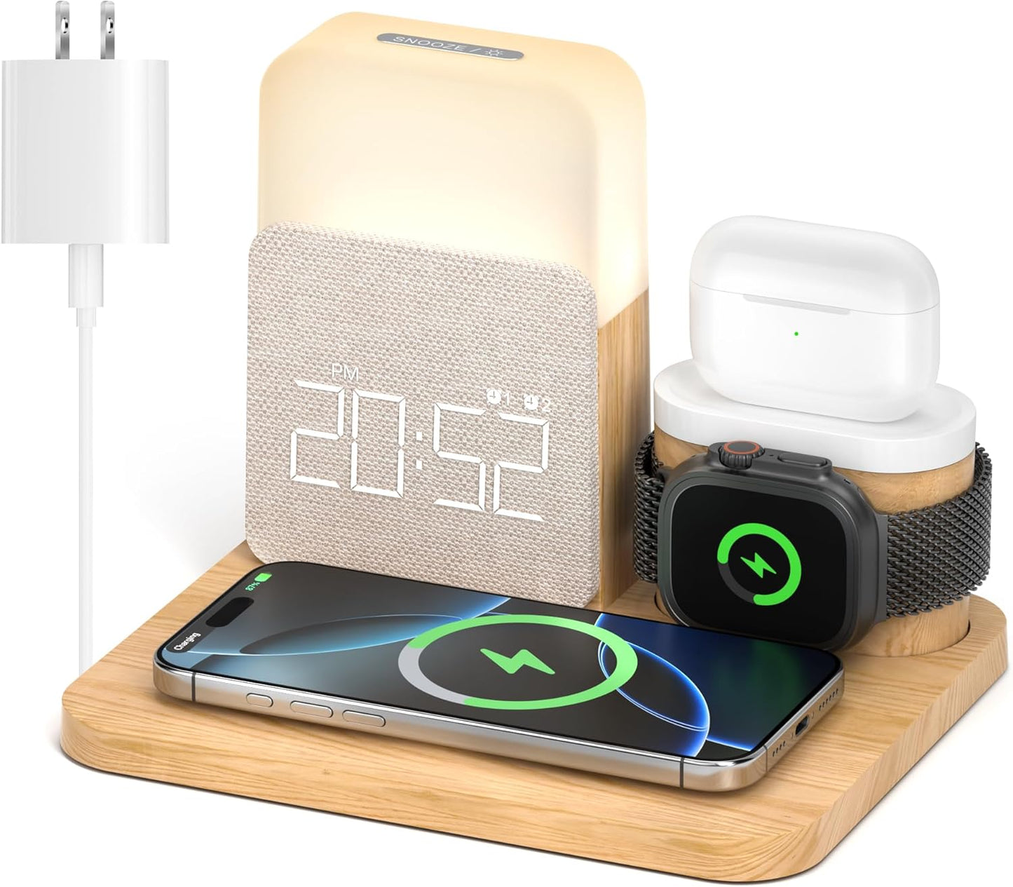 Alarm Clock Charging Station for Bedrooms, 7 in 1 Wireless Charging Station, Magnetic Charger with Night Light Bedside Clock for iPhone 16 15 14 13 12 Pro Max, Apple Watch, AirPods