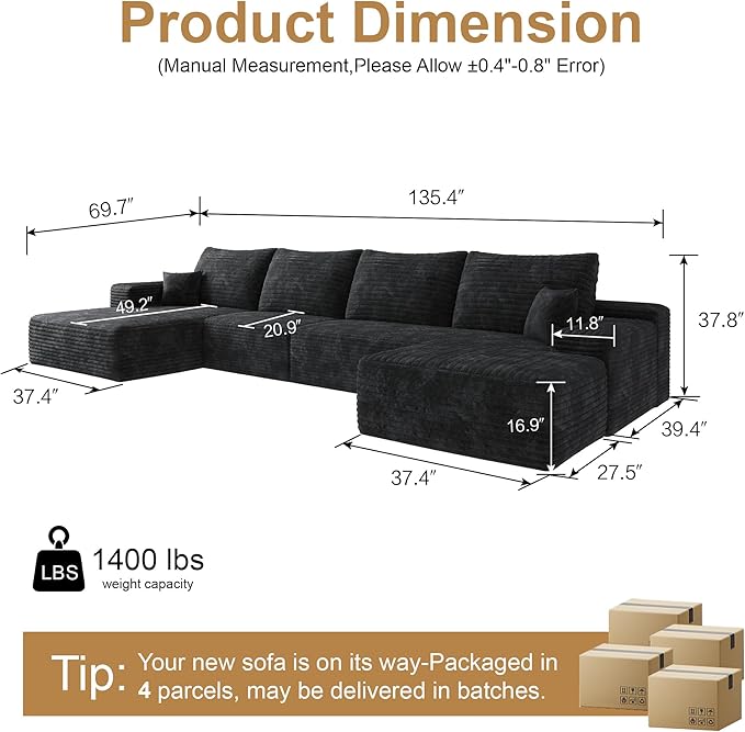 136" Sectional Couches for Living Room Cloud Couch Sofa