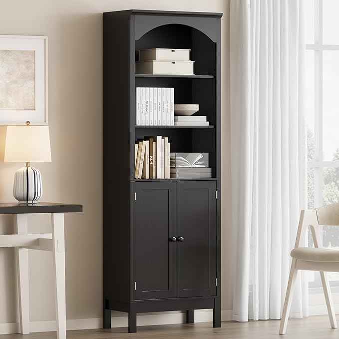 Bookshelf with Doors, Floor Standing Display Storage Cabinet