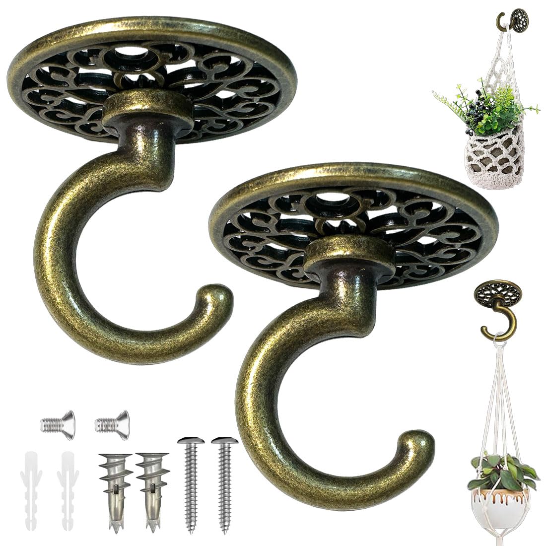 Evsteluo Heavy Duty Ceiling & Wall Hook for Hanging Plants – Holds Up to 50 lbs – – Includes All Mounting Hardware for Drywall, Wood, Cement (2, Antique Brass)