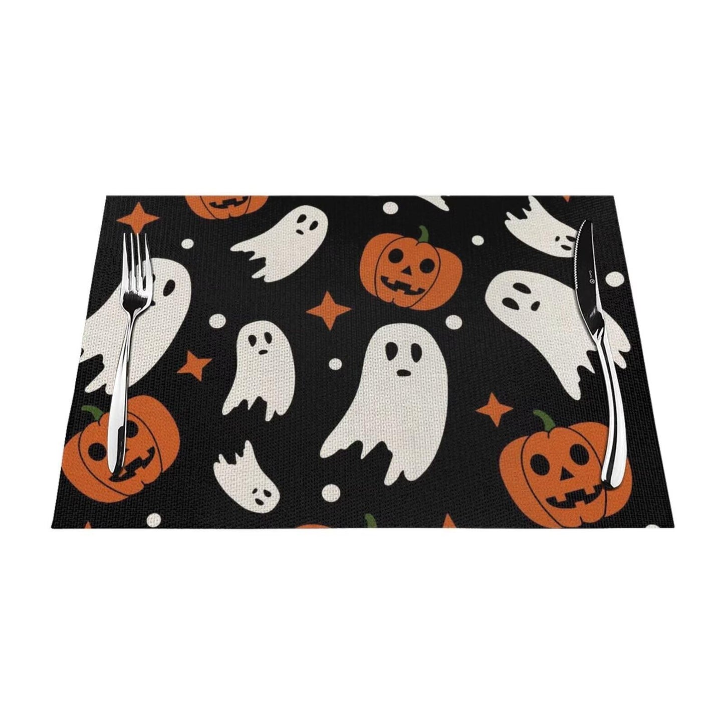 Halloween Orange Pumpkin Placemats 12x18 Inch Set of 4, Black and White Ghost Table Place Mat Autumn Cute Lantern Face Washable Table Mats Decorative Linen Fabric Table Mat for Dining Table