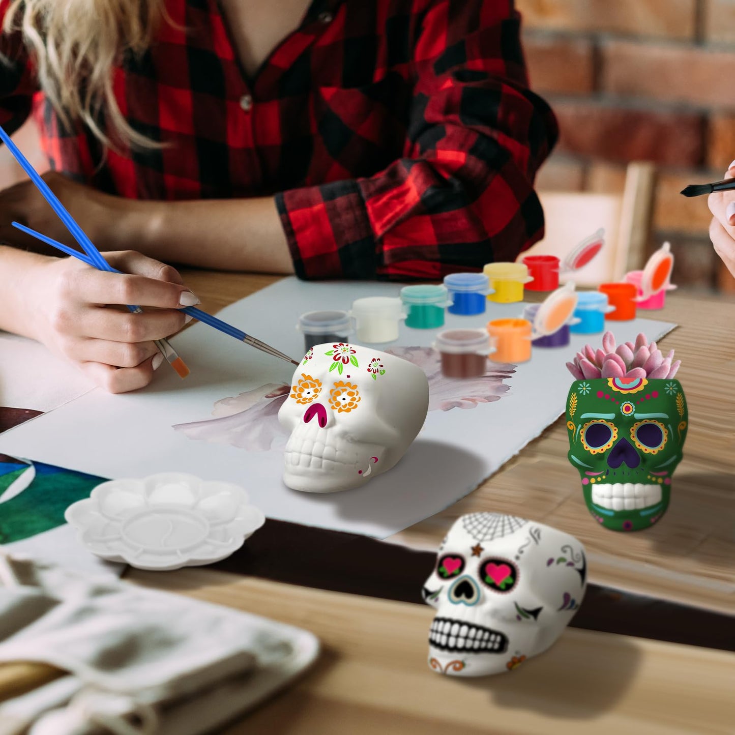 Beeveer 6 Sets Mexican Sugar Skull Crafts for Adults Skulls to Paint Skeleton Planter Paintable Ceramics Classroom Paintable Plant Pots to Paint for DIY Project Activity Decor