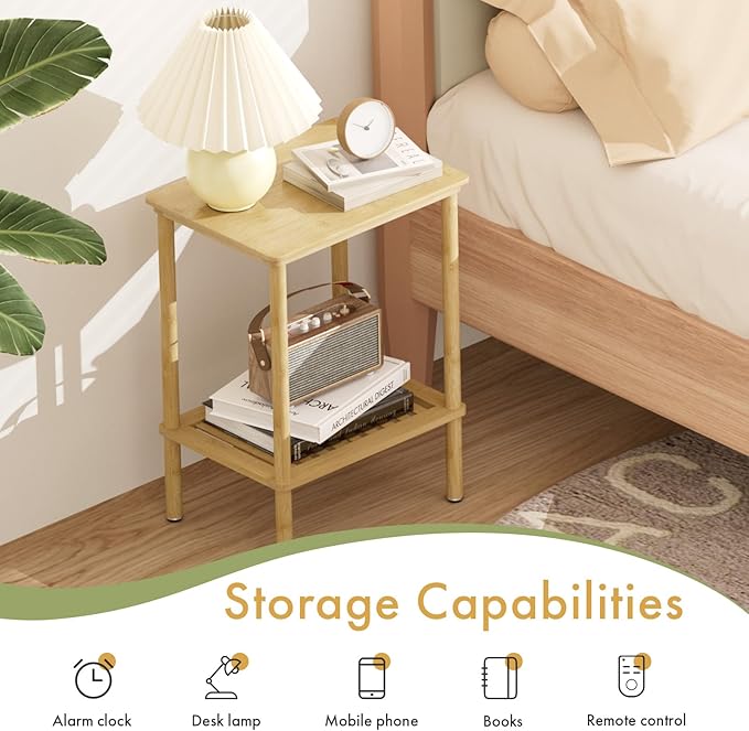 2 Tier Bamboo End Table, Narrow Side Table