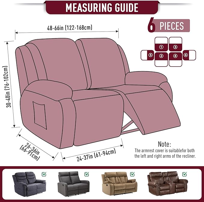 TAOCOCO Recliner Loveseat Slipcover, 6 Pieces Dual Recliner Sofa Covers
