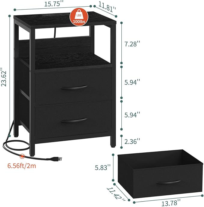 Yoobure Nightstand with Charging Station, LED Night Stand with Fabric Drawers