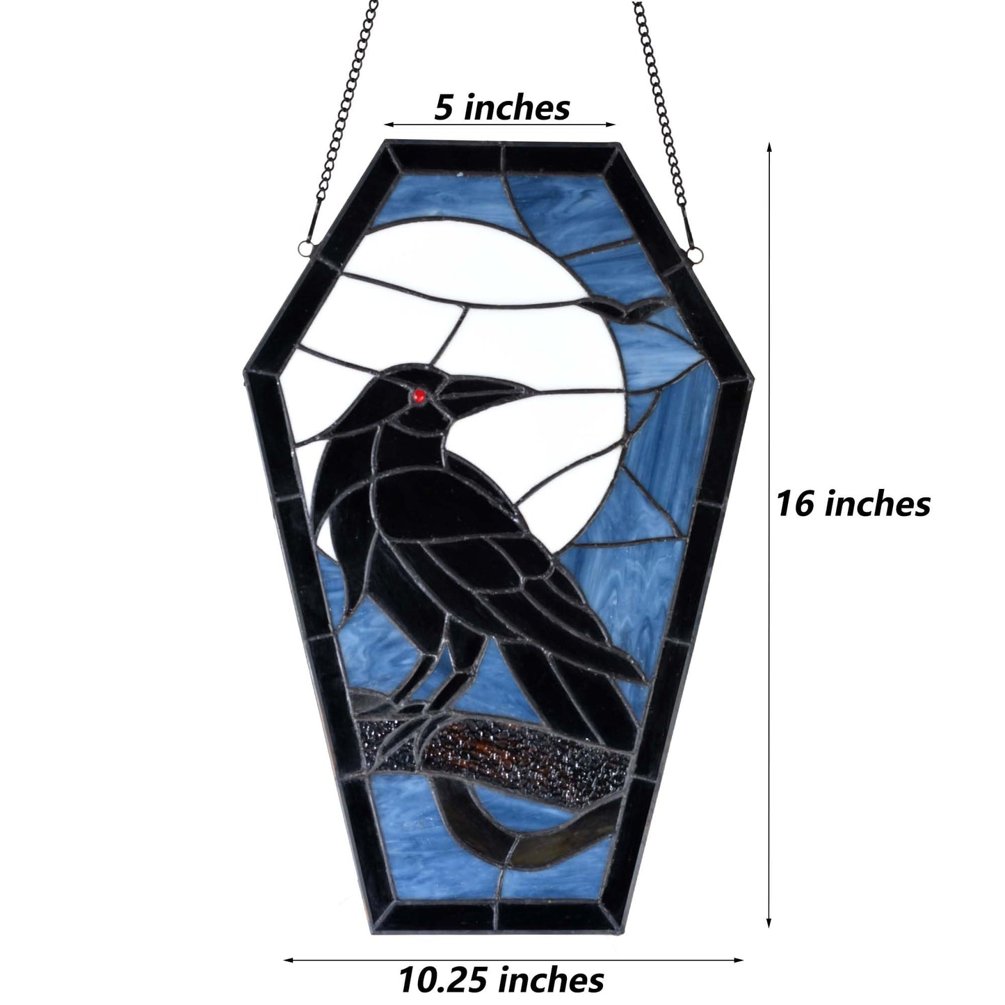 Bieye W12001 Gothic Raven Stained Glass Window Panel, Tiffany Style Hanging Suncatcher for Halloween Decor (Dark Blue, 16" H Coffin-shaped)