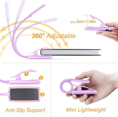 Gritin 9 LED Rechargeable Book Light for Reading in Bed - Eye Caring 3 Color Temperatures,Stepless Dimming Brightness,80 Hrs Runtime Small Lightweight Clip On Book Reading Light for Studying-Purple