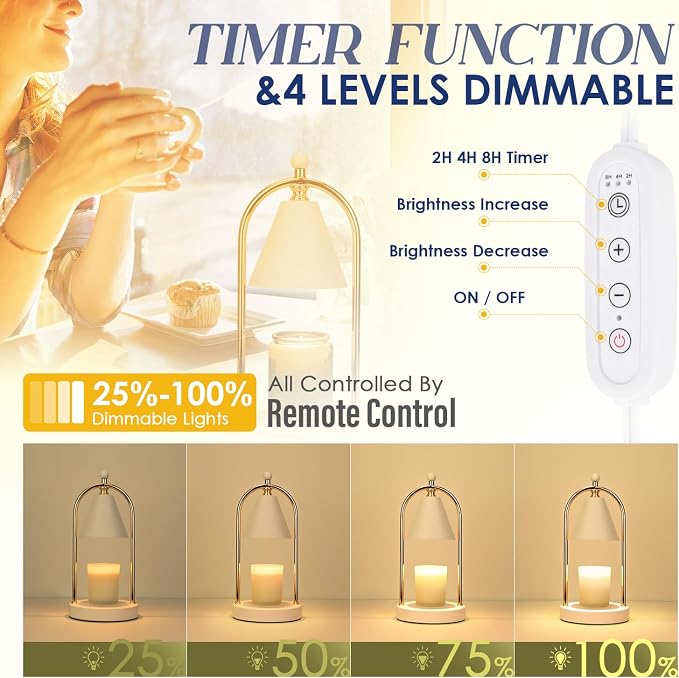 Candle Warmer Lamp With Timer, Electric White Light for Bedroom, Dimmable Wax Melts Warmer for Jars, Beside Lamp Gifts for Women Home Decor (2 Bulbs Included)