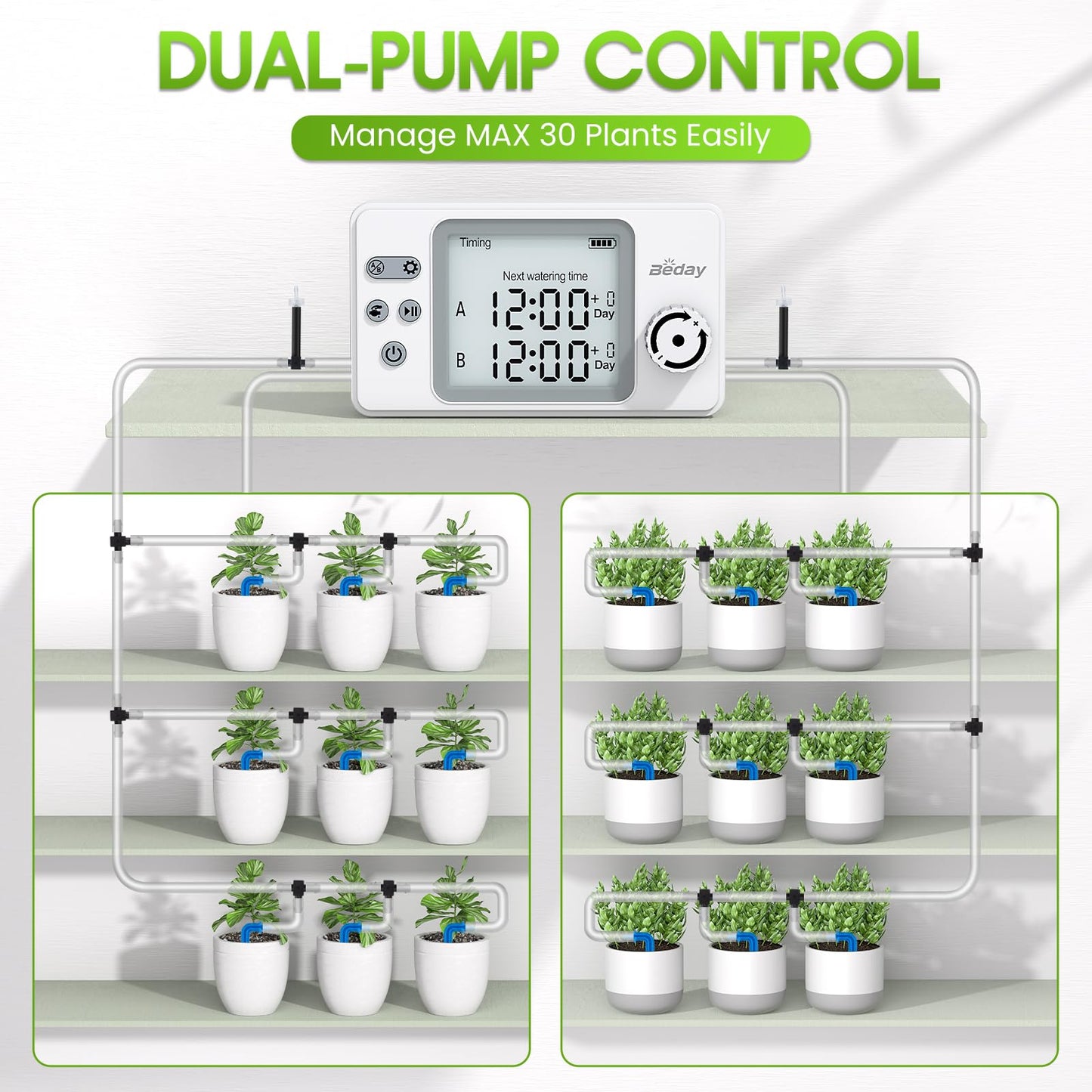Automatic Watering System Dual Pump for Indoor Plants, Built-in Rechargeable Battery, Two Independent Water Zones, Worry-Free Vacation Drip Irrigation Kit, Water-Saving Smart Plant Waterer, White