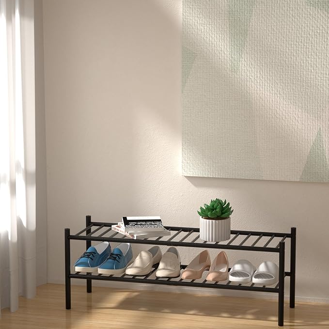 ROMGUAR CRAFT 2-Tier Bamboo Long Shoe Rack, Free Standing Wood Shoe Shelf